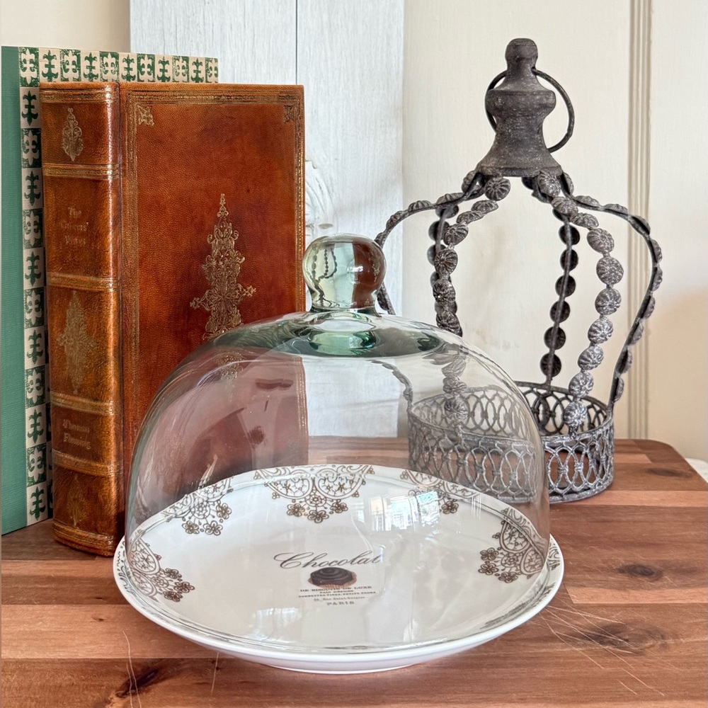 Glass French Cloche, Parisian “Chocolat” Dessert Porcelain Base, Green & Brown